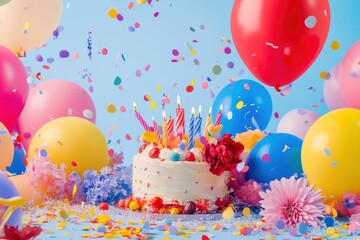 Poster - Festive birthday cake with colorful balloons, candles, confetti, and flowers on a light blue background.