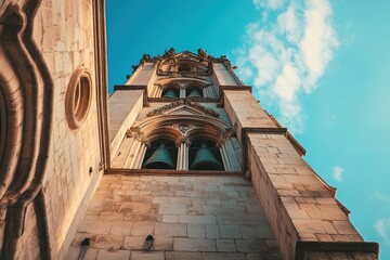 Poster - Low-angle view of a tall, stone bell tower against a bright blue sky with clouds.