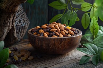 Poster - Wooden bowl filled with almonds and raisins on rustic wooden table with green leaves.
