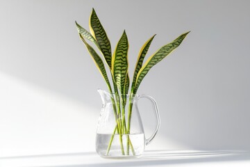 Poster - Snake plant stems in a clear glass pitcher against a white background, illuminated by sunlight.