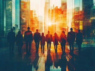Poster - Silhouetted businesspeople walking towards a bright city sunrise.