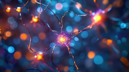 Fototapete - Microscopic view of glowing neuron network, synapses firing, complex neural connections.