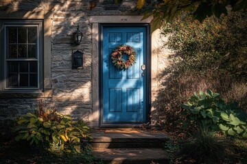 Aufkleber - Sunlit blue front door with autumnal wreath on stone house.