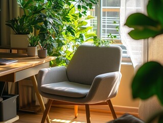 Leinwandbilder - Sunlit home office with comfortable armchair, desk, and lush indoor plants.