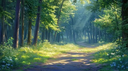 Aufkleber - Sunlit path winding through a lush green forest with tall trees and wildflowers.