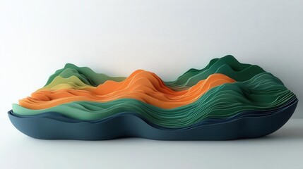 Poster - A vibrant, textured sculpture resembling rolling hills, featuring layers of green and orange tones, creating a visually striking landscape effect.
