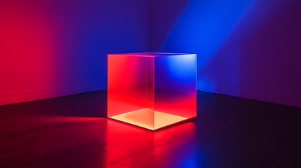 Fototapete - A geometric cube bathed in dramatic red and blue lighting, enhancing its edges and creating a captivating interplay of light and shadow