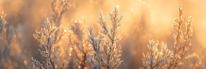 Poster - Frost-covered plants bathed in warm sunrise light.