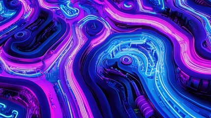 Aufkleber - Abstract neon light patterns with vibrant purple and blue glowing lines creating a complex, wavy, and technological design.
