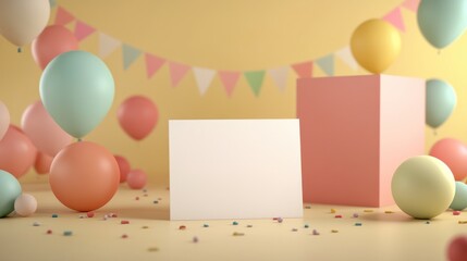 Poster - Pastel balloons, blank card, and pastel cubes on a yellow background with confetti.
