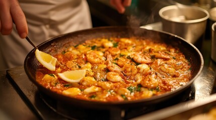 Poster - Close-up of chef cooking seafood paella in a large pan, adding lemon wedges.