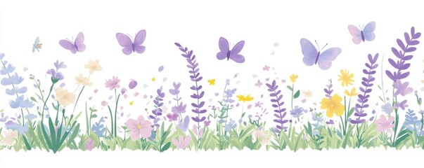 Aufkleber - Pastel wildflowers and butterflies in a meadow border.