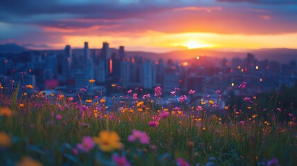 Wall Mural - Vibrant sunset over city skyline, wildflowers in foreground.