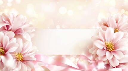 Leinwandbilder - Elegant pink flowers with ribbon and blank banner on bokeh background.
