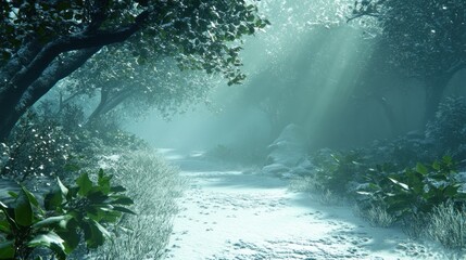 Aufkleber - Sunbeams illuminate a snowy path winding through a tranquil winter forest.