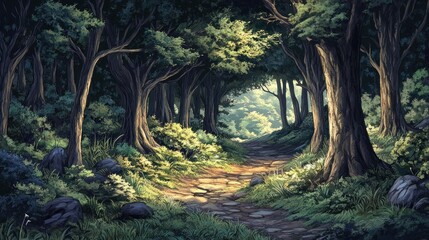 Aufkleber - Sunlit path through a lush, green forest with tall trees and rocks.