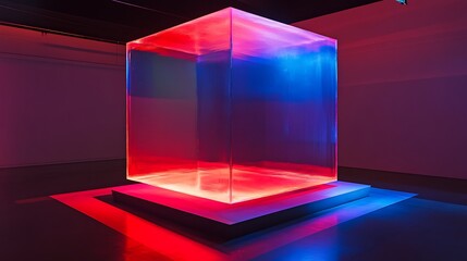 Fototapete - A geometric cube bathed in dramatic red and blue lighting, enhancing its edges and creating a captivating interplay of light and shadow