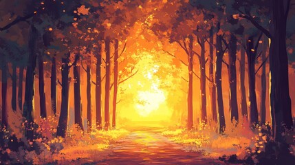 Poster - Sunlit path through autumn forest, vibrant colors, leaves, trees.