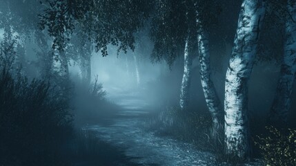 Poster - Mysterious path through a foggy birch forest at night.