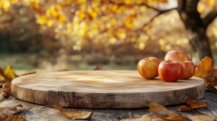 Poster - Three ripe red apples on a rustic wooden board, autumn leaves in the foreground and blurred autumnal background.