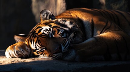 Poster - A majestic tiger rests peacefully in the sun, its stripes highlighted by the warm light.
