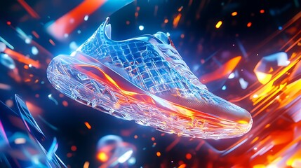 Aufkleber - A glass sports shoe floating in mid-air, surrounded by bright shapes and streaks, creating a dynamic and futuristic visual