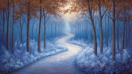 Aufkleber - Serene path winding through a misty, autumnal forest with frost-covered undergrowth.