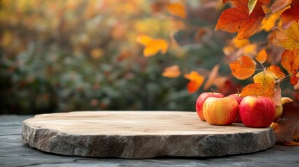 Poster - Three ripe red and yellow apples on a rustic wooden board, autumn leaves in the background.