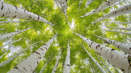 Aufkleber - Low angle view of birch trees in a forest, looking up at the canopy.