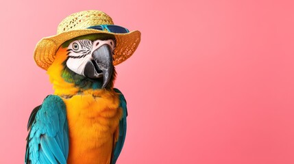 Aufkleber - A vibrant blue and gold macaw parrot wearing a straw hat and sunglasses against a pink background.