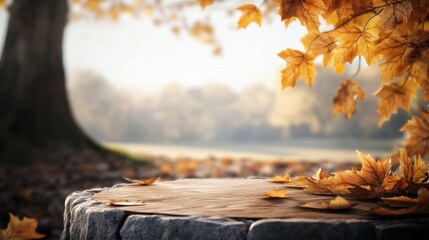 Poster - Wooden stump surface with autumn leaves and blurred park background.