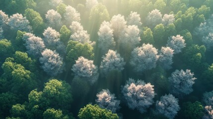 Aufkleber - Aerial view of a lush forest with blooming trees, sunlight filtering through the canopy.