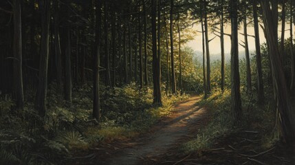 Poster - Sunlit path through a dense forest with tall trees and lush undergrowth.