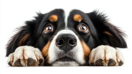 Poster - Adorable tri-color dog with big, expressive eyes looks up, paws on white background.