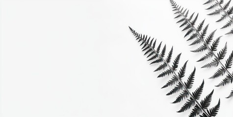 Poster - Black fern leaves arranged on white background, minimalist style.