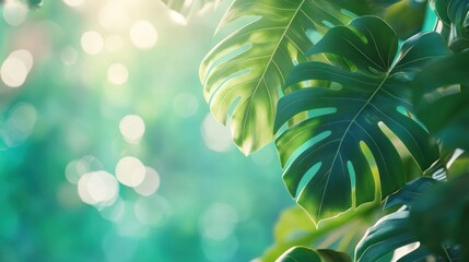 Poster - Lush green tropical leaves with sunlit bokeh background.