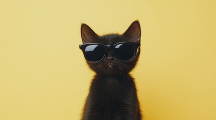 Poster - Cute black kitten wearing sunglasses against yellow background.
