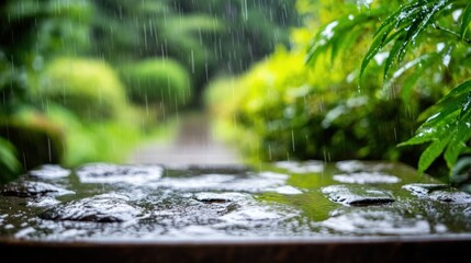 Aufkleber - Rain falling on stone path in lush green garden.