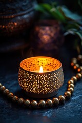 Poster - A lit candle in an ornate holder sits on a dark surface next to beads and plants.