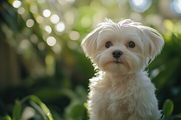 Poster - Adorable Maltese puppy sitting in lush green garden, looking directly at camera.