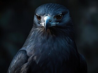 Poster - Close-up portrait of a majestic dark-colored hawk with intense gaze, set against a blurred dark background.