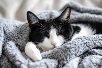 Poster - A tuxedo cat peacefully sleeps nestled in a soft, grey blanket.
