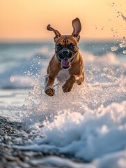 Poster - Happy dog running on beach at sunset, splashing in waves. (1)