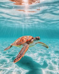Poster - Underwater sea turtle swimming gracefully in sunlit shallows.