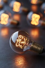Poster - Close-up of glowing vintage light bulbs on dark surface.