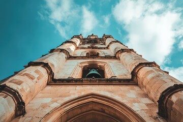 Poster - Low-angle view of a tall, beige stone tower with a bell, against a blue sky with clouds.