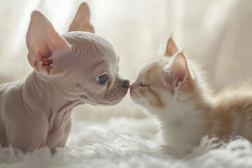 Leinwandbilder - A Sphynx kitten and a fluffy kitten nose to nose.
