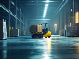 Poster - Yellow forklift carrying boxes in a large warehouse.