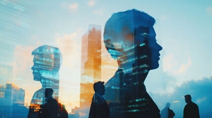 Aufkleber - Silhouetted businesspeople superimposed over cityscape at sunset.