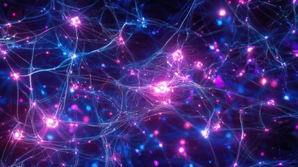 Poster - Abstract neural network, glowing pink and blue nodes connected by lines.